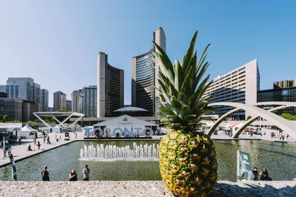A vibrant pineapple with Toronto cityscape and fountain in the background.